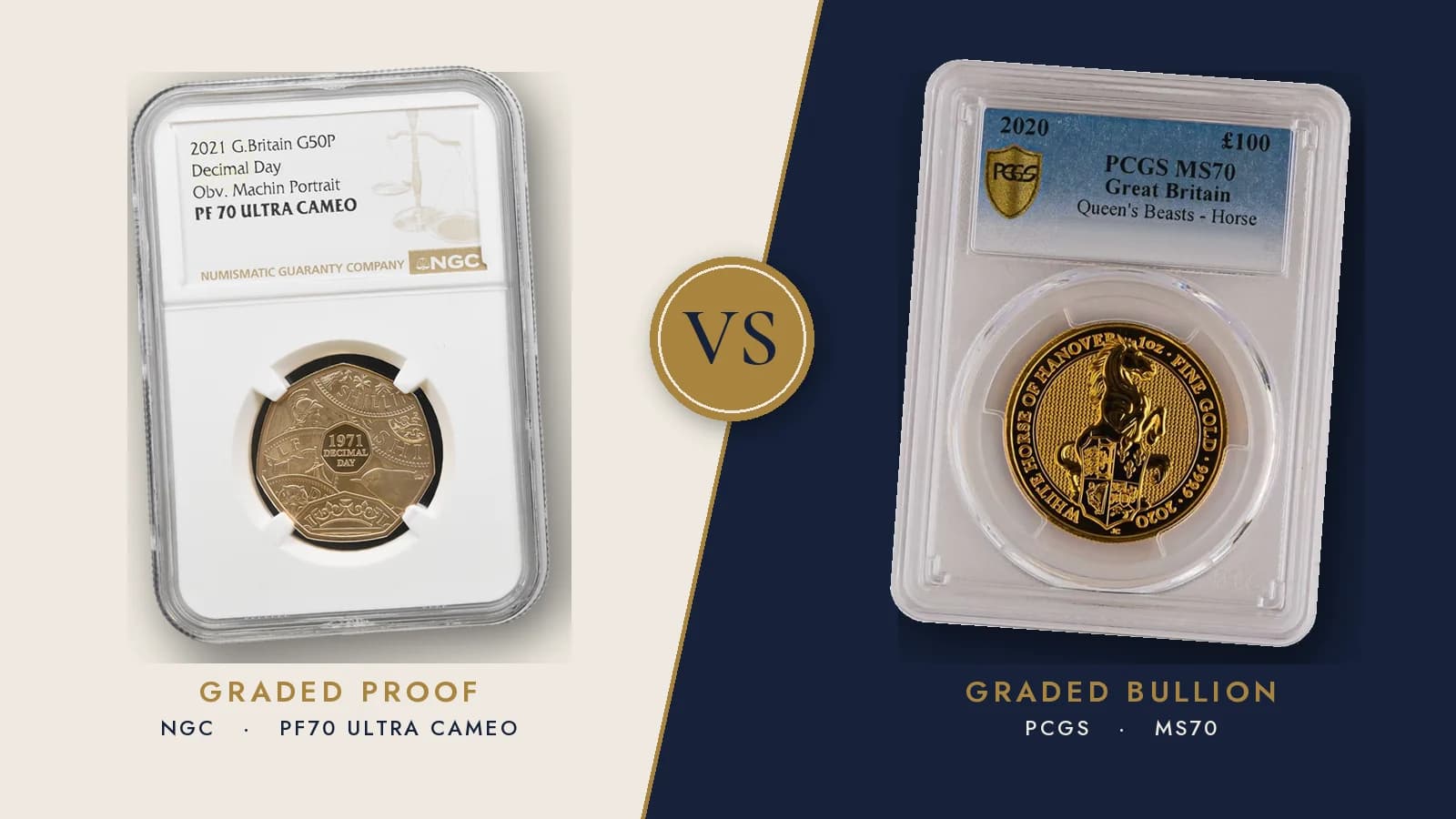 A graded proof coin and a graded bullion coin side by side in their sealed holders