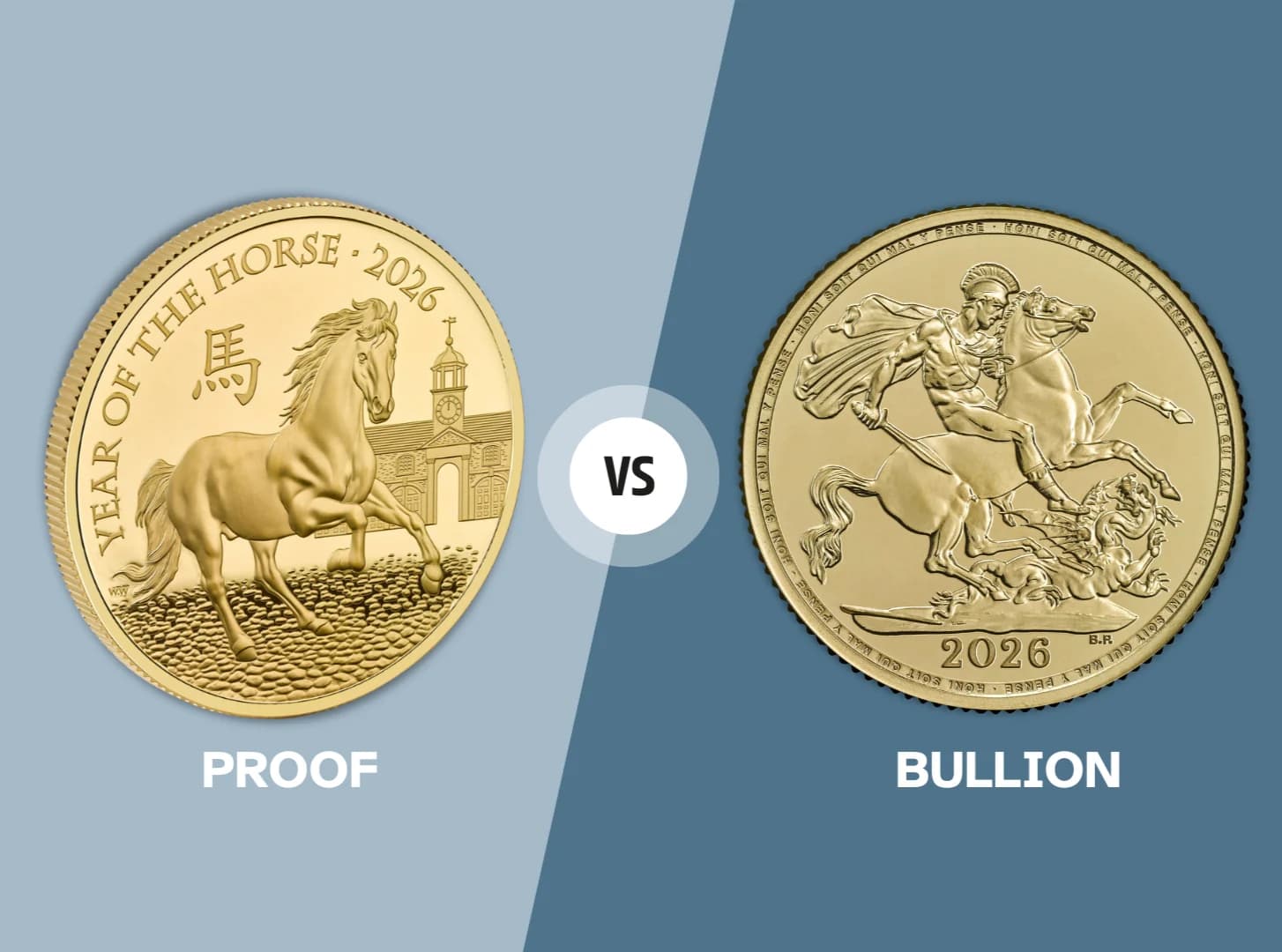 A proof coin and a bullion coin photographed together for comparison
