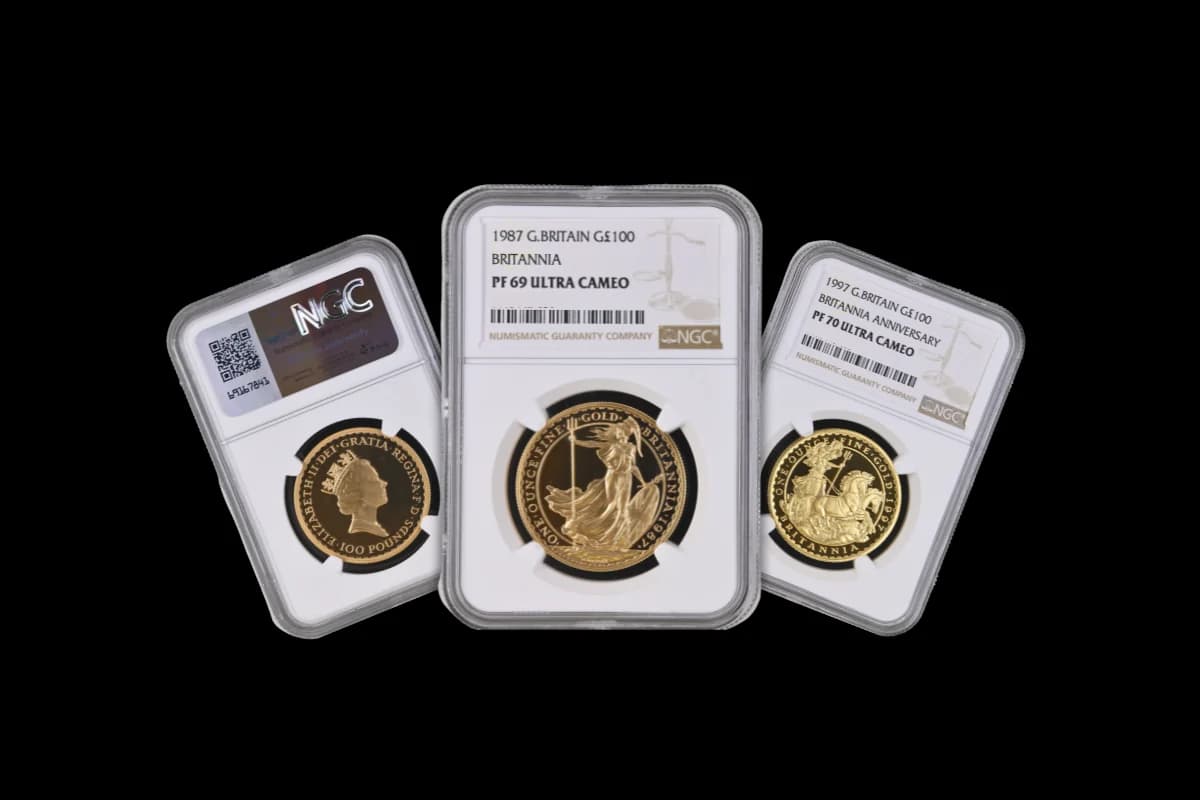 Gold coins sealed in NGC and PCGS grading holders with their labels visible